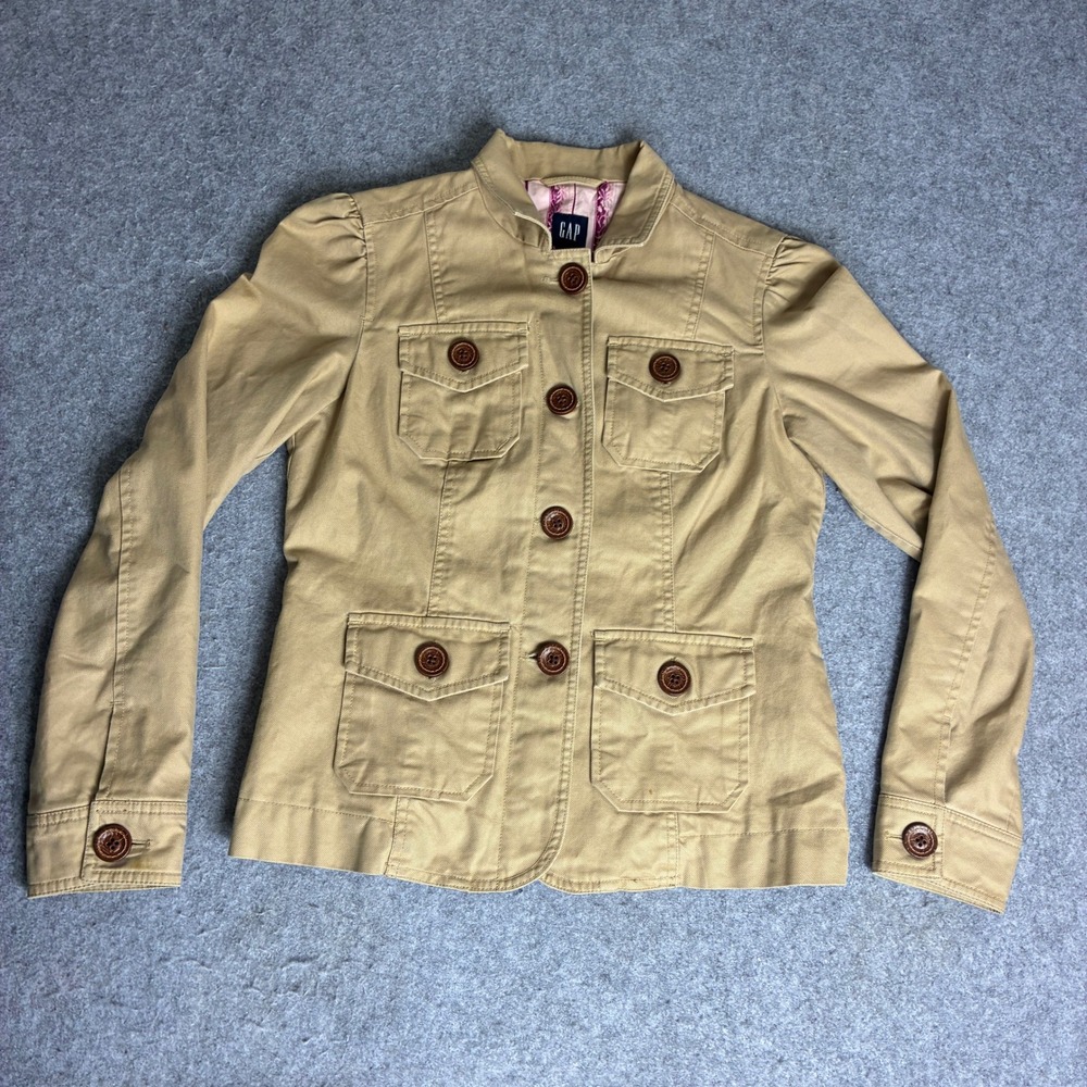 GAP Womens Khaki Utility Military Jacket Puff Shoulder Tan Button Front Size 4